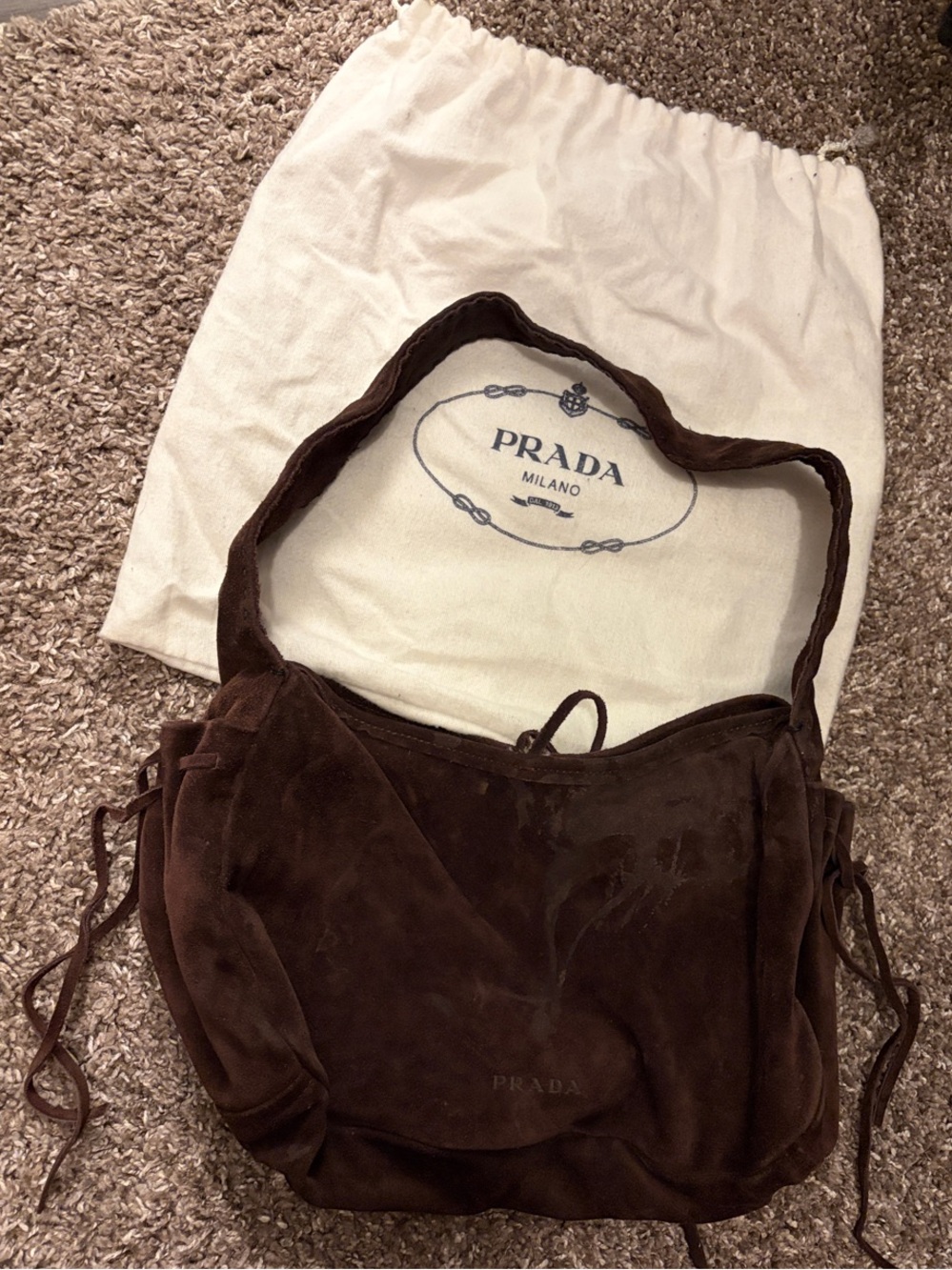 Prada Suede Shoulder Purse w/ Cream Drawstring Dust Bag with Navy Logo